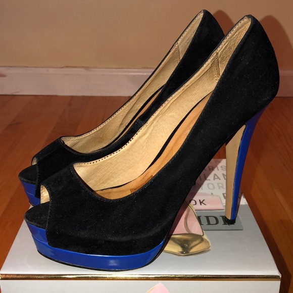 Aldo Suede Open-Toe Pumps- Black/Blue Size 8 - Picture 2 of 5